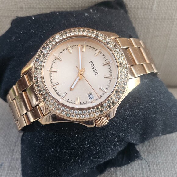 Fossil Women Watch AM4454 Retro Traveler Rose Gold Stainless Steel Crystal Bezel - Picture 3 of 12